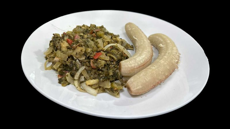 Callaloo greens and green bananas, a traditional Caribbean breakfast